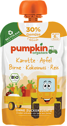 Quetschie Karotte, Apfel, Birne, Kokos & Reis, ab 6 Monaten pumpkin organics