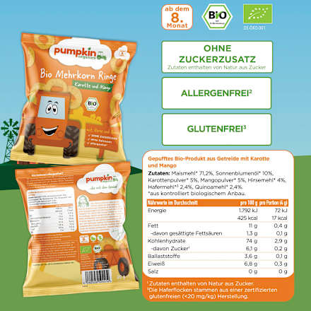 Kindersnack Mehrkorn Ringe mit Karotte & Mango, ab 8 Monaten pumpkin organics