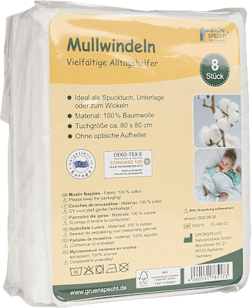 Mullwindeln, 80x80 cm, weiß  Grünspecht