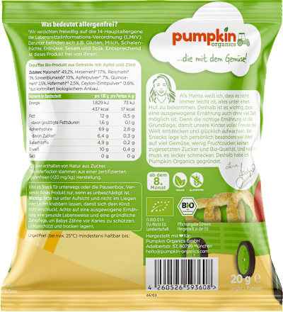 Babysnack Mehrkorn Ringe mit Apfel & Zimt, ab 8. Monat pumpkin organics
