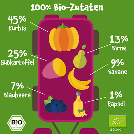 Quetschie Kürbis, Süßkartoffel, Birne, Banane & Blaubeere, ab 6 Monaten pumpkin organics