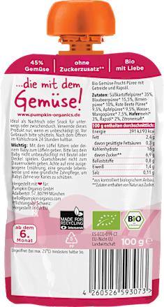 Quetschie mit Süßkartoffel, Blaubeere, Birne, Rote Beete & Hafer, ab dem 6. Monat pumpkin organics