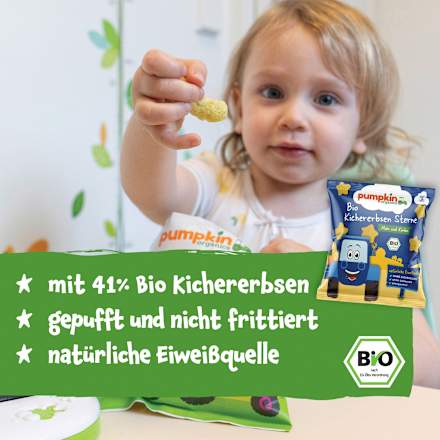 Kindersnack Kichererbsen Sterne mit Mais & Kürbis, ab dem 12. Monat pumpkin organics