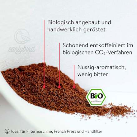 Kaffee, gemahlen, entkoffeiniert earlybird coffee