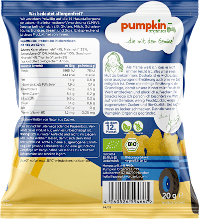 Kindersnack Kichererbsen Sterne mit Mais & Kürbis, ab dem 12. Monat pumpkin organics