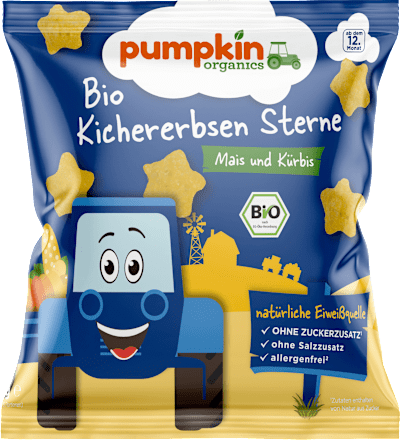 Kindersnack Kichererbsen Sterne mit Mais & Kürbis, ab dem 12. Monat pumpkin organics