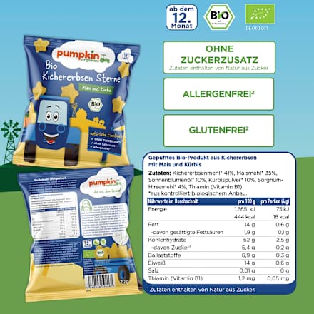 Kindersnack Kichererbsen Sterne mit Mais & Kürbis, ab dem 12. Monat pumpkin organics