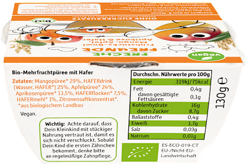 Bio Frühstücksbowl mit Mango, Apfel, Aprikose und Hafer Freche Freunde
