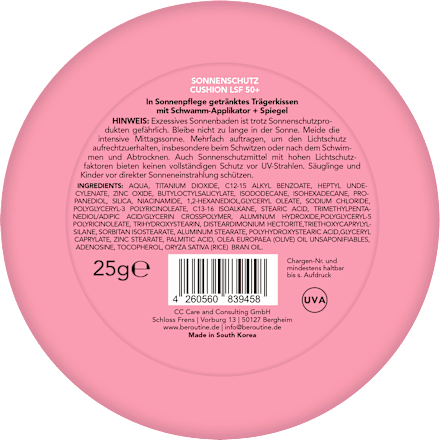 Sonnenschutz Puder cushion mit Schwämmchen, LSF 50+  BE ROUTINE