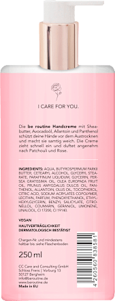 Handcreme Patchouli & Rose "I care for you" im Spender BE ROUTINE
