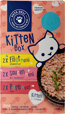 Nassfutter Katze Kitten mit Huhn, Lachs & Rind, Junior, Multipack (6x85 g) Pets Deli