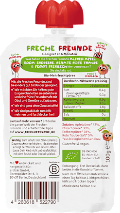 Quetschie Apfel, Pfirsich, Erdbeere & rote Traube, ab 6 Monaten Freche Freunde