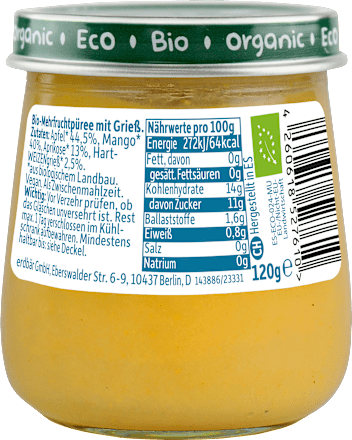 Frucht & Getreide Apfel, Mango, Aprikose mit Grieß ab dem 6.Monat  Freche Freunde