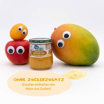 Frucht & Getreide Apfel, Mango, Aprikose mit Grieß ab dem 6.Monat  Freche Freunde