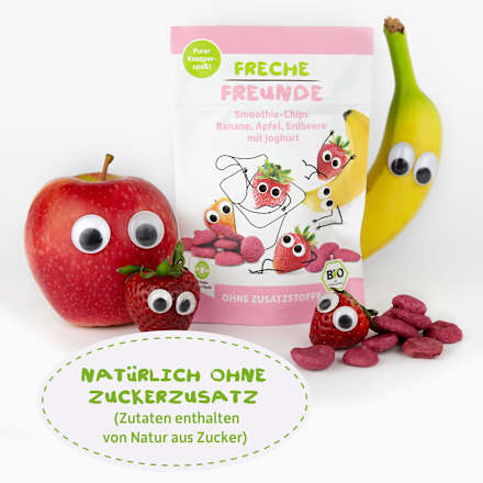 Kindersnack Smoothie-Chips Banane, Apfel, Erdbeere mit Joghurt Freche Freunde