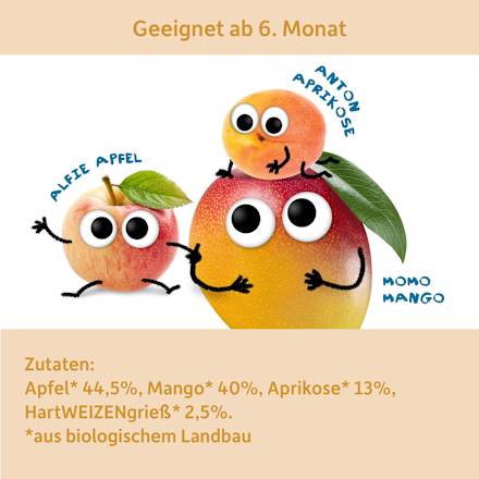 Frucht & Getreide Apfel, Mango, Aprikose mit Grieß ab dem 6.Monat  Freche Freunde