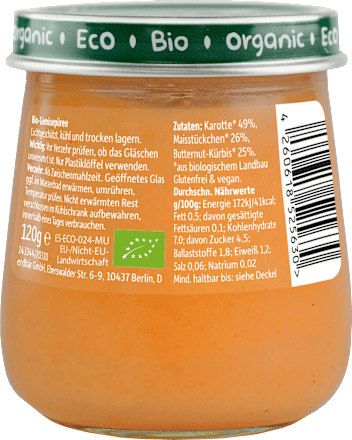 Bio Babybrei Karotte, Mais & Butternut-Kürbis Freche Freunde