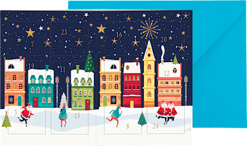 Grußkarte Adventskalender Teelicht Stadt, Silberedition CACTUS