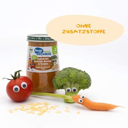 Menü Nudeln mit Brokkoli, Karotte & Tomate ab dem 8. Monat Freche Freunde