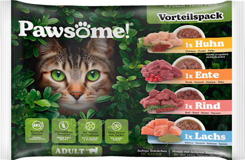 Nassfutter Katze mit Huhn, Ente, Rind & Lachs in Soße, Multipack (4x85 g) Pawsome