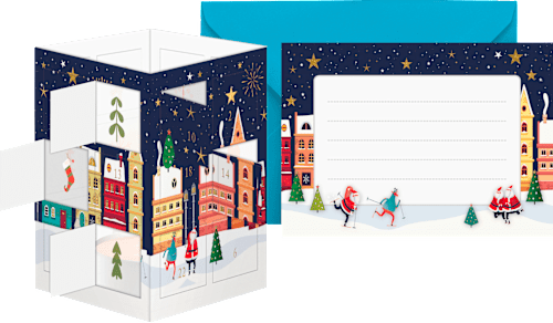 Grußkarte Adventskalender Teelicht Stadt, Silberedition CACTUS