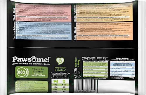 Nassfutter Katze mit Huhn, Ente, Rind & Lachs in Soße, Multipack (4x85 g) Pawsome