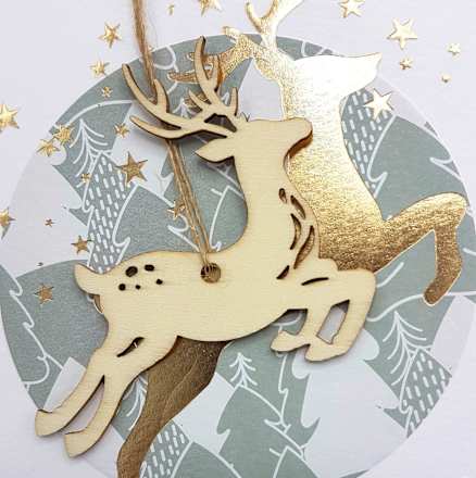 Grußkarte Premium Silber X-MAS Holzapplikation Hirsch  CACTUS