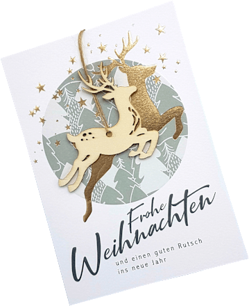 Grußkarte Premium Silber X-MAS Holzapplikation Hirsch  CACTUS