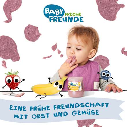 Morgenbrei Joghurt, Banane, Erdbeere, Blaubeere mit Hafer Freche Freunde