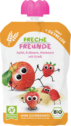 Quetschie Apfel, Erdbeere, Himbeere mit Grieß Freche Freunde