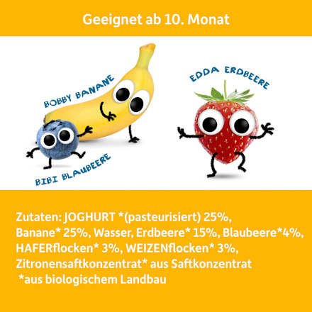 Morgenbrei Joghurt, Banane, Erdbeere, Blaubeere mit Hafer Freche Freunde
