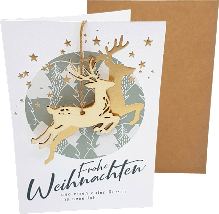 Grußkarte Premium Silber X-MAS Holzapplikation Hirsch  CACTUS