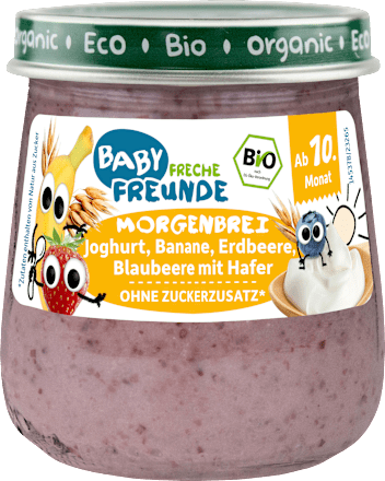 Morgenbrei Joghurt, Banane, Erdbeere, Blaubeere mit Hafer Freche Freunde