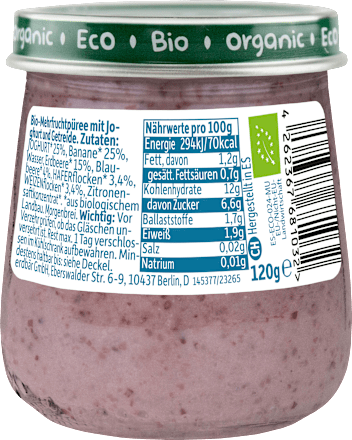 Morgenbrei Joghurt, Banane, Erdbeere, Blaubeere mit Hafer Freche Freunde