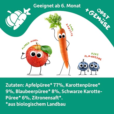 Quetschie Apfel, Blaubeere mit Karotte ab 6 Monaten Freche Freunde
