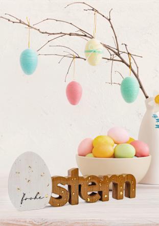 Holzschriftzug "frohe Ostern", gold gesprenkelt, natur/weiß Dekorieren & Einrichten