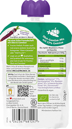 Quetschie Apfel, Blaubeere mit Karotte ab 6 Monaten Freche Freunde