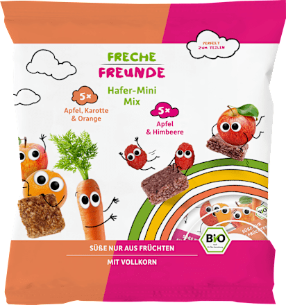 Kindersnack Hafer-Mini Mix Karotte, Apfel, Orange & Apfel, Himbeere ab 3 Jahren Freche Freunde