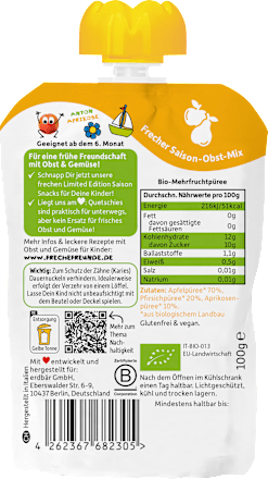 Quetschie Apfel, Pfirsich, Aprikose, ab 6 Monaten Freche Freunde