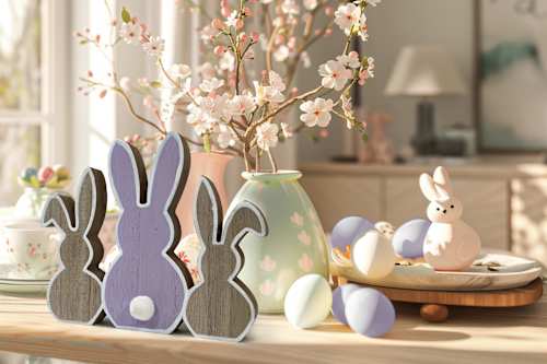 Holzaufsteller, Hasenreihe, natur/lila Dekorieren & Einrichten