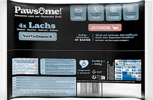 Nassfutter Katze Kitten, Lachs in Sauce, Junior Multipack (4x85 g) Pawsome