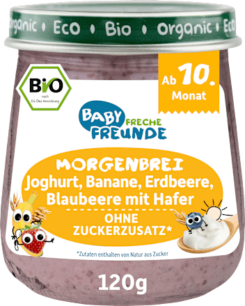 Morgenbrei Joghurt, Banane, Erdbeere, Blaubeere mit Hafer ab 10 Monaten Freche Freunde