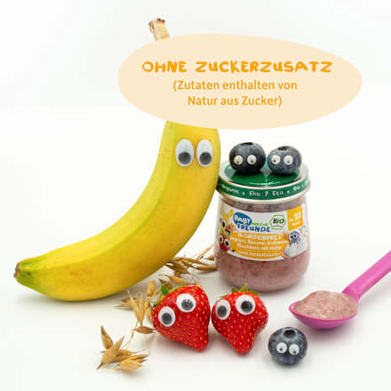 Morgenbrei Joghurt, Banane, Erdbeere, Blaubeere mit Hafer ab 10 Monaten Freche Freunde