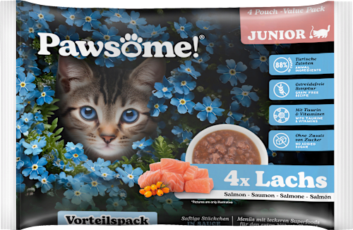 Nassfutter Katze Kitten, Lachs in Sauce, Junior Multipack (4x85 g) Pawsome