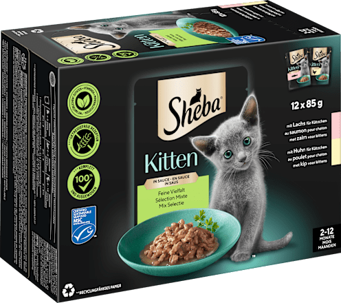 Nassfutter Katze Kitten mit Lachs & Huhn, feine Vielfalt in Sauce, Junior Multipack (12x85 g) Sheba