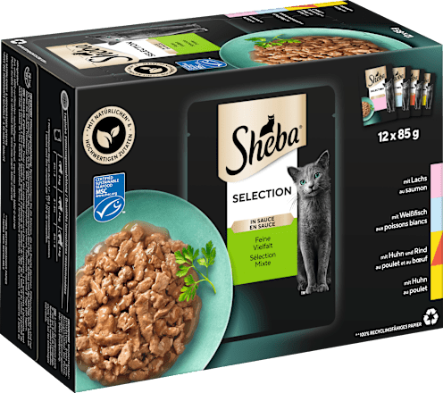 Nassfutter Katze, Huhn, Rind, Lachs & Weißfisch, Selection in Sauce - feine Vielfalt, Multipack (12x85 g) Sheba