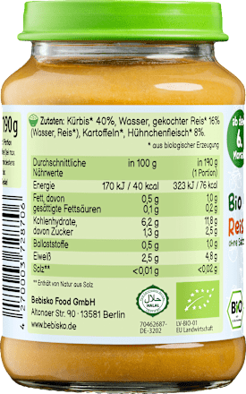 Menü Kürbis mit Reis & Huhn Halal ab dem 6. Monat Bebisko