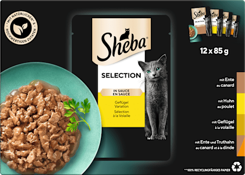 Nassfutter Katze, Huhn, Ente & Truthahn, Selection in Sauce - Geflügel Variation, Multipack (12x85 g) Sheba