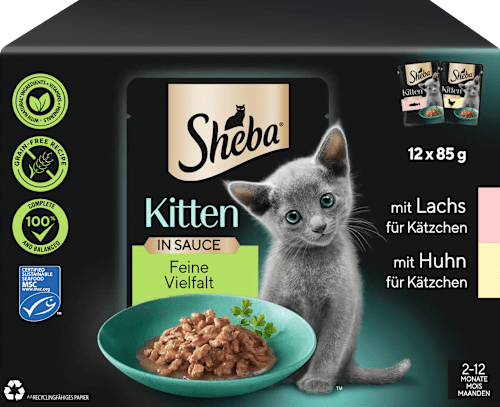 Nassfutter Katze Kitten mit Lachs & Huhn, feine Vielfalt in Sauce, Junior Multipack (12x85 g) Sheba