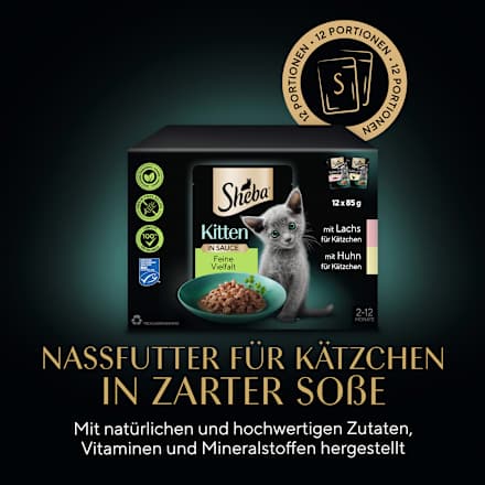 Nassfutter Katze Kitten mit Lachs & Huhn, feine Vielfalt in Sauce, Junior Multipack (12x85 g) Sheba